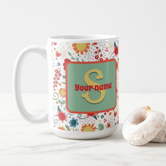 Leuk Bloemen Monogram Naam Inspirivity Coffee Mok (Met donut)