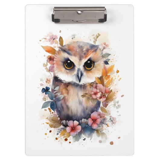 Leuk Bos Baby Uil met Bloemen voor Kinderkamer Klembord (Voorkant)