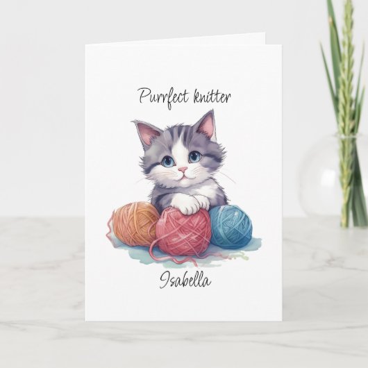 Leuk breien kitten met garens aangepaste naam bedankkaart (Voorkant)