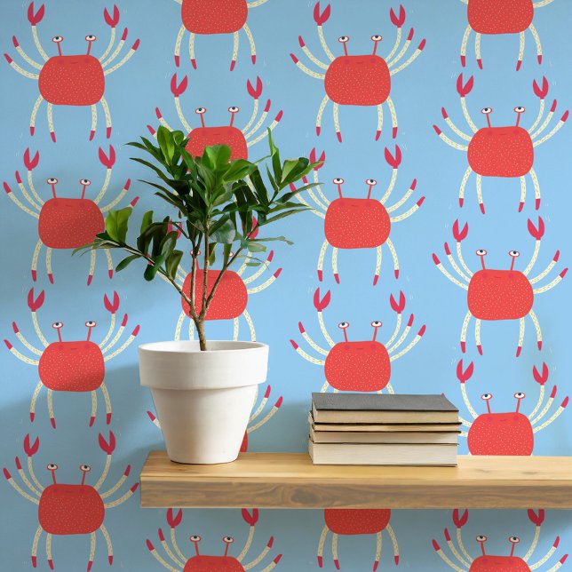 Leuk dansende krab kustpatroon behang (Dancing crabs fun coral and blue peel and stick wallpaper for coastal home decor)