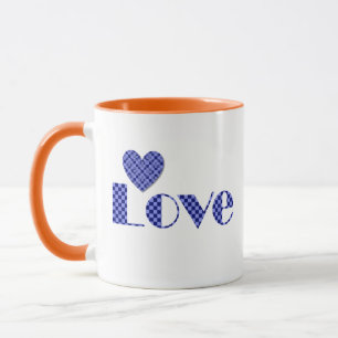 Leuk, Elegant Blauw Geruit Hart, "LOVE" Patroon Mok