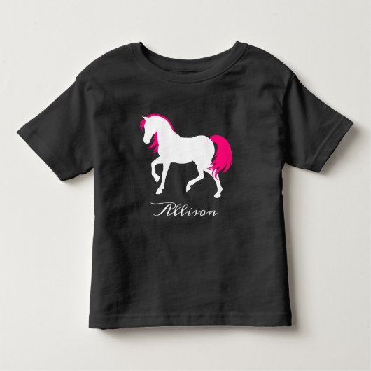 Leuk Elegant Zwart Wit & Heet Roze Paard Voeg naam Kinder Shirts (Voorkant)