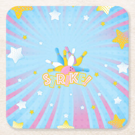 Leuk en kleurrijk bowlingfeest vierkante kartonnen onderzetter