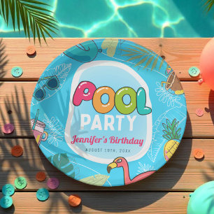 Leuk en kleurrijk poolparty   Palm Zwemmen Verjaar Papieren Bordje