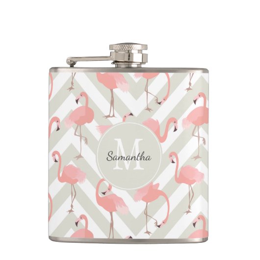 Leuk Flamingo patroon met Monogram Heupfles (Voorkant)