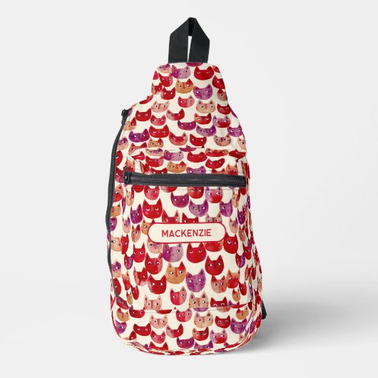 Leuk Gepersonaliseerd Kleurrijk Waterverf Kattenpa Sling Bag (Voorkant)