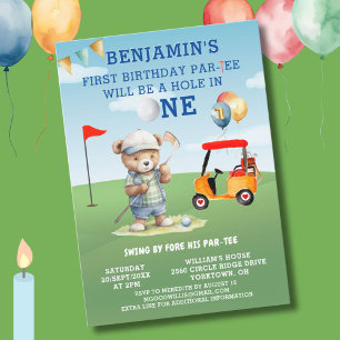 Leuk golfgat in One Boy 1st Birthday Par-T-shirt Kaart