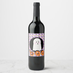 Leuk Halloween-spook paarse oranje wijnlabel Wijn Etiket