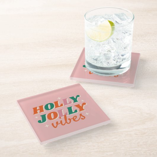 Leuk Holly Jolly Vibes kerstontwerp Glazen Onderzetter (Schuin)