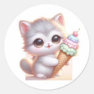 Leuk kat met ijsje kegel ronde sticker