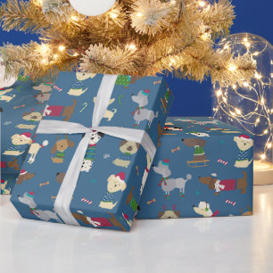 Leuk kerstvakantie hondenpatroon op blauw cadeaupapier