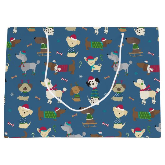 Leuk kerstvakantie hondenpatroon op blauw groot cadeauzakje (Voorkant)