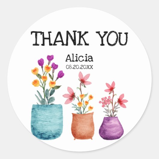 Leuk & Kleurrijk Bloem op Pot Waterverf Dank u Ronde Sticker (Voorkant)