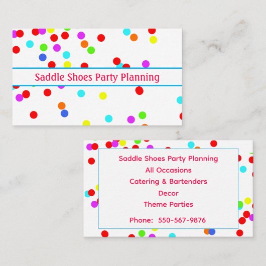 Leuk, kleurrijk Confetti Party Planner Visitekaart Visitekaartje (Voorkant / Achterkant)