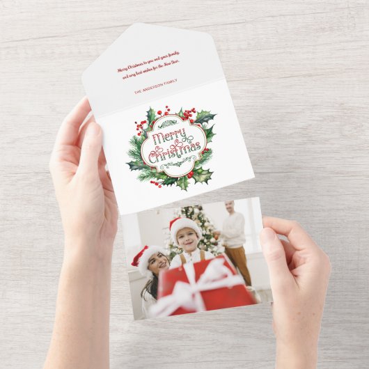 Leuk kleurrijk Merry Christmas Holly Script All In One Uitnodiging (Afscheurbaar)