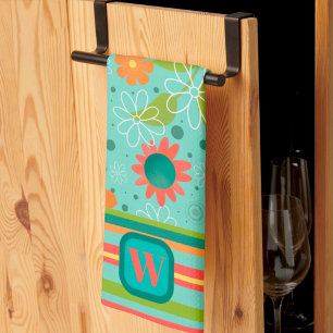 Leuk kleurrijk Monogram Initiaal Gestreepte Bloeme Theedoek