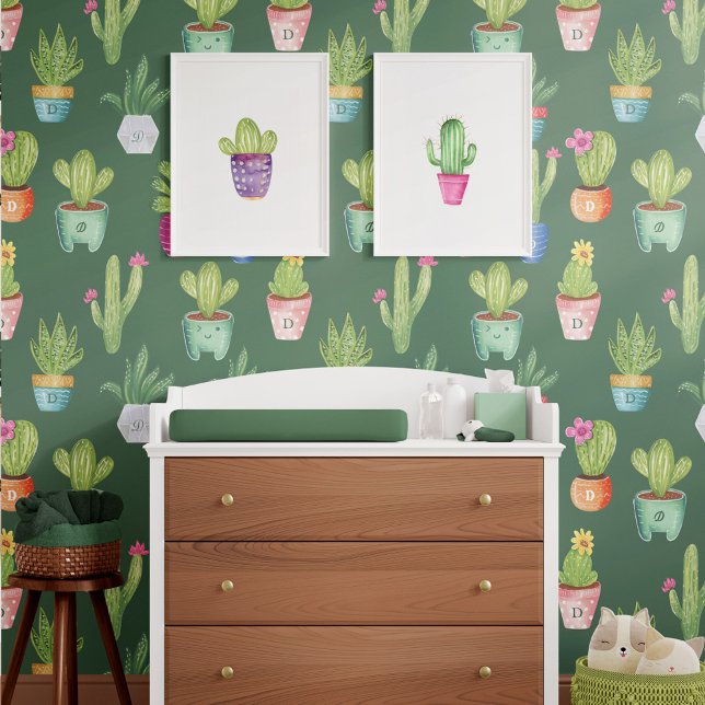 Leuk Kleurrijk Potted Cactus Planten Custom Monogr Behang (Fun Colorful Potted Cactus Plants Custom Monogram Wallpaper)