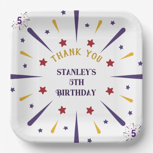 Leuk kleurrijk ster verjaardagsfeestje dank je papieren bordje (Voorkant)