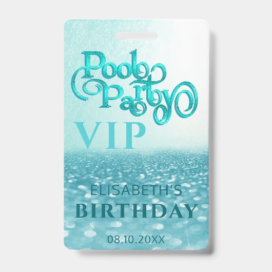 Leuk koele glitter script zwembadfeest VIP Badge (Voorzijde)