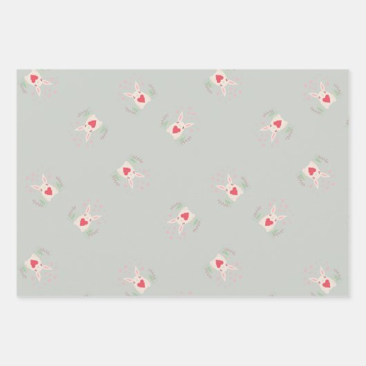 Leuk konijn en harten patroon grijs inpakpapier vel (Voorkant 2)