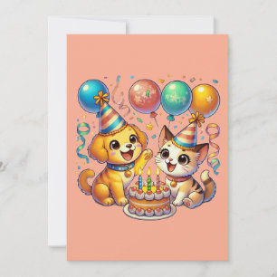 Leuk & Leuk Verjaardag Puppy & Kitten Party Kaart