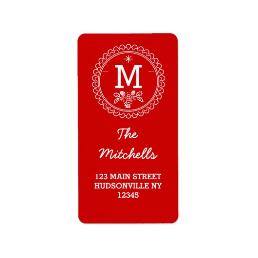 Leuk Monogram Feestelijke Rode & Witte Vakantie Etiket (Voorkant)