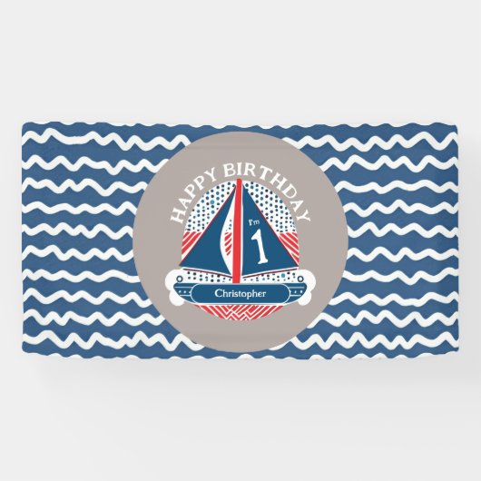 Leuk Nautisch Gelukkig 1e Verjaardag Zeilboot Fees Spandoek (Horizontaal)