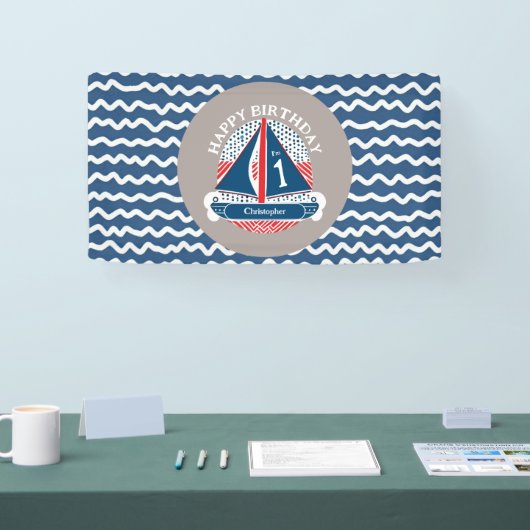 Leuk Nautisch Gelukkig 1e Verjaardag Zeilboot Fees Spandoek (Beurs)
