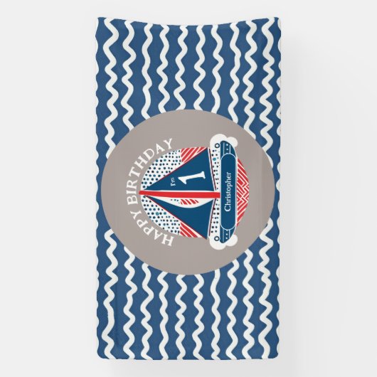 Leuk Nautisch Gelukkig 1e Verjaardag Zeilboot Fees Spandoek (Verticaal)