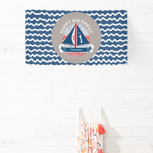 Leuk Nautisch Gelukkig 1e Verjaardag Zeilboot Fees Spandoek (Insitu)