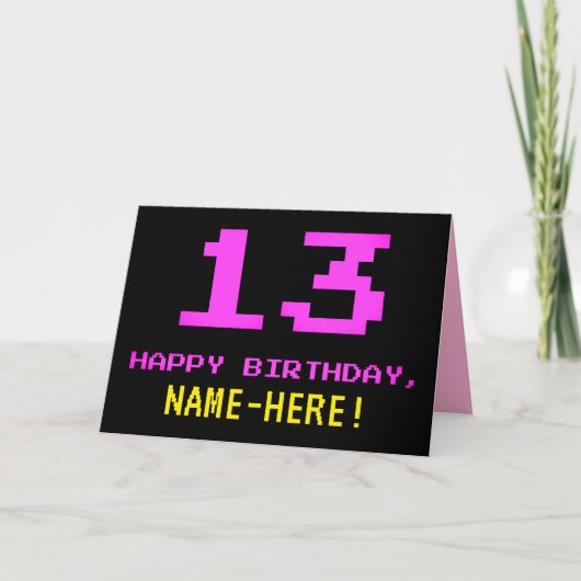 Leuk, Nerdy, Geeky, Roze, 8-bit stijl 13e verjaard Kaart (Voorkant)