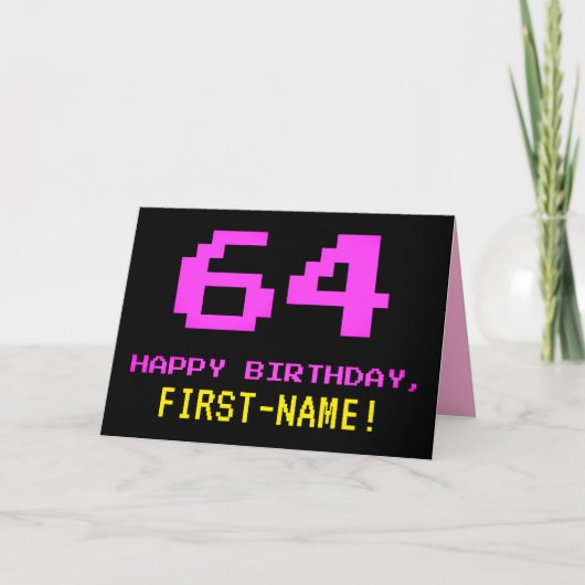 Leuk, Nerdy, Geeky, Roze, 8-bit stijl 64e verjaard Kaart (Voorkant)