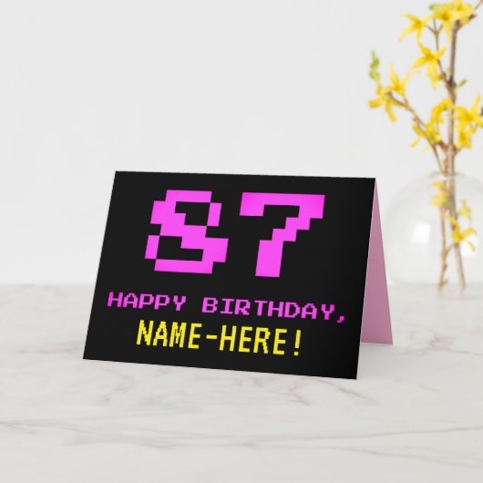 Leuk, Nerdy, Geeky, Roze, 8-bit stijl 87e verjaard Kaart (Gele Bloem)