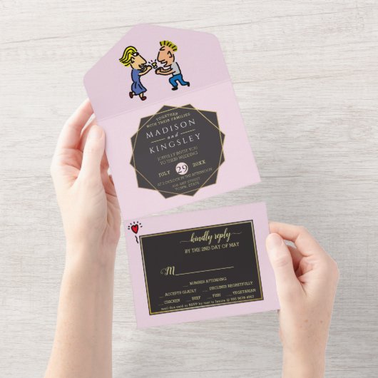 Leuk Paar Originele Grappige Cartoon All In One Uitnodiging (Afscheurbaar)