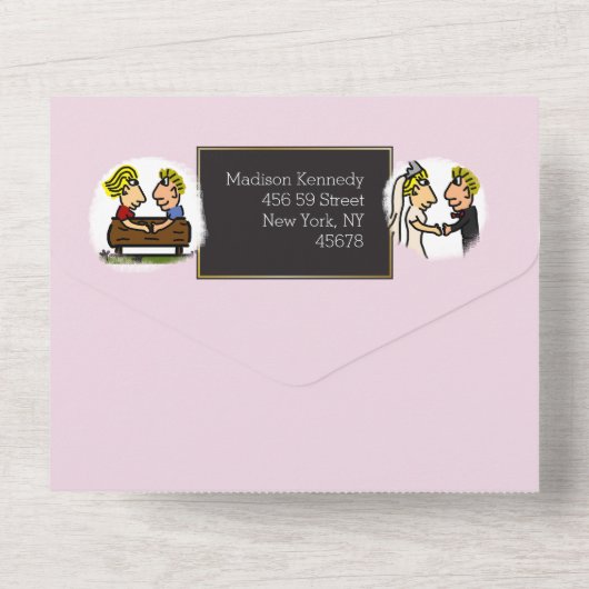 Leuk Paar Originele Grappige Cartoon All In One Uitnodiging (Achterkant)