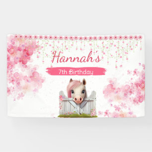 Leuk Paard Verjaardag Roze Bloemen Gepersonaliseer Spandoek
