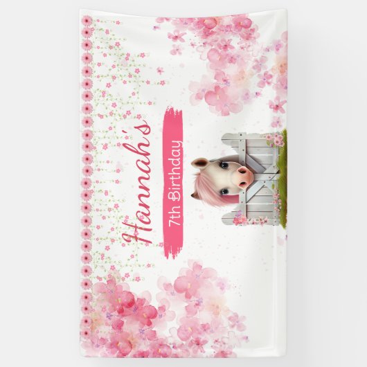Leuk Paard Verjaardag Roze Bloemen Gepersonaliseer Spandoek (Verticaal)