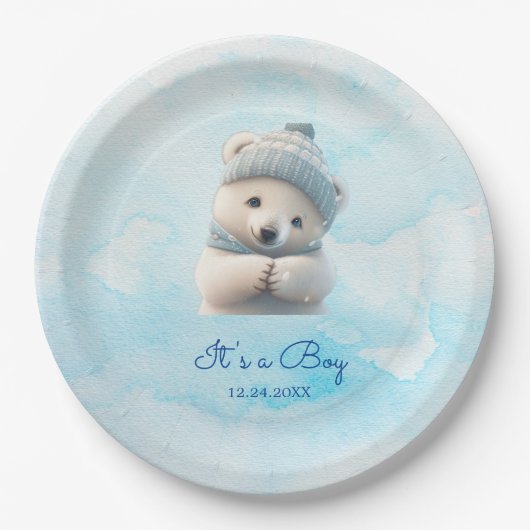 Leuk Polar Beer Winterblauw Baby shower Haar Boy Papieren Bordje (Voorkant)