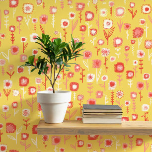 Leuk Retro Geel Bloempatroon Behang