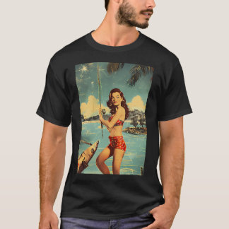 Leuk retro meisje vissen t-shirt