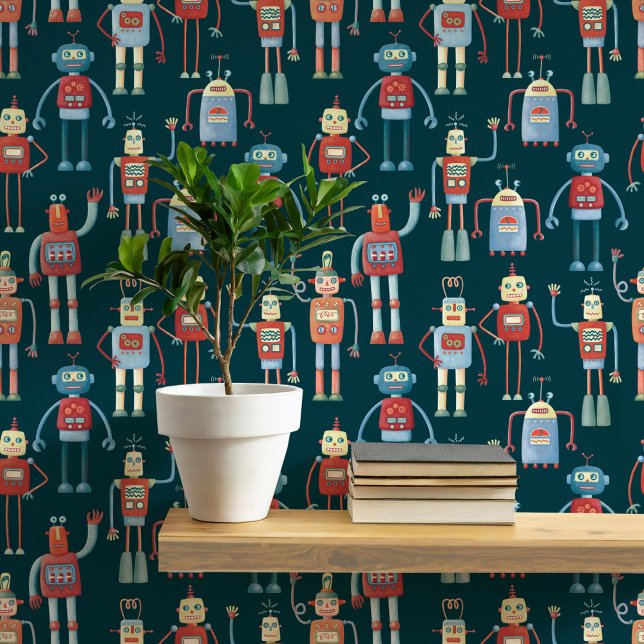 Leuk Robotpatroon Blauwgroen Groen Behang (Fun robot pattern teal green wallpaper for nursery and kids room decor)