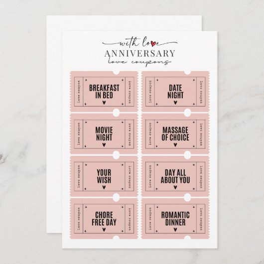 Leuk romantisch Jubileum afdrukbare liefde coupons Kaart (Voorkant / Achterkant)