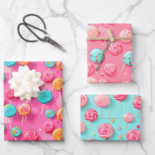 Leuk Roze en Blauw Lollipops Snoep Lane Inpakpapier Vel