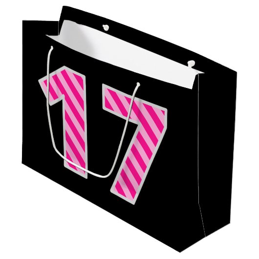 Leuk roze gestreept "17"; Gelukkige 17e verjaardag Groot Cadeauzakje (Voorkant Gekanteld)