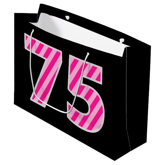 Leuk roze gestreept "75"; Gelukkige 75e verjaardag Groot Cadeauzakje (Voorkant Gekanteld)