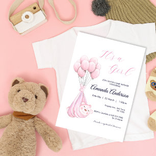Leuk Roze Meisje Beer Ballon Baby shower Invitatio Kaart