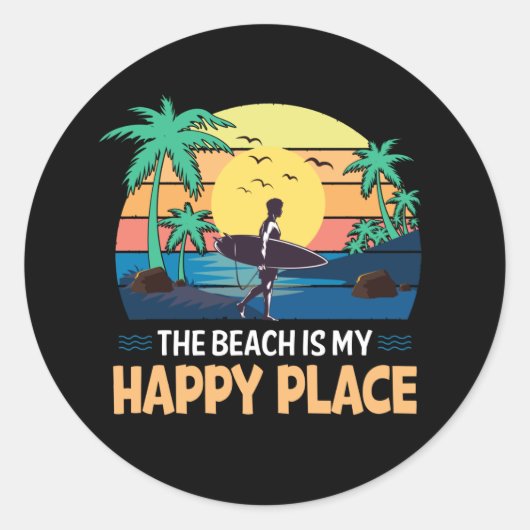 Leuk strand Happy Place Surfer Ronde Sticker (Voorkant)