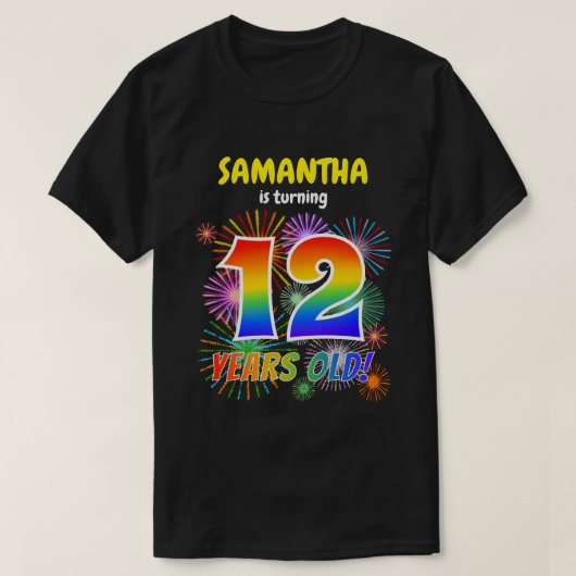 Leuk Vuurwerk, Regenboogblik "12", 12e Verjaardag T-shirt (Design voorkant)