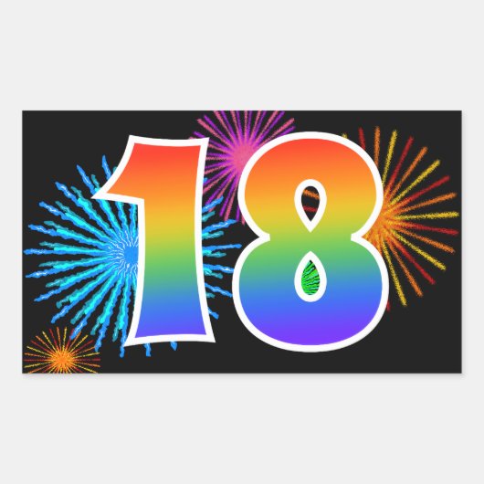 Leuk vuurwerk + regenboogpatroon "18" Evenementnum Rechthoekige Sticker (Voorkant)