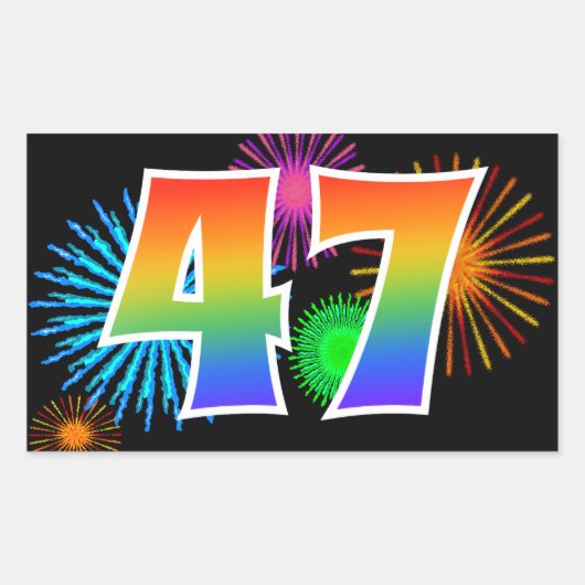 Leuk vuurwerk + regenboogpatroon "47" Evenementnum Rechthoekige Sticker (Voorkant)